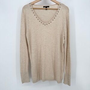 Mango MNG Suit Sweater Womens Medium Beige V-Neck Studded Knit Long Sleeve Top